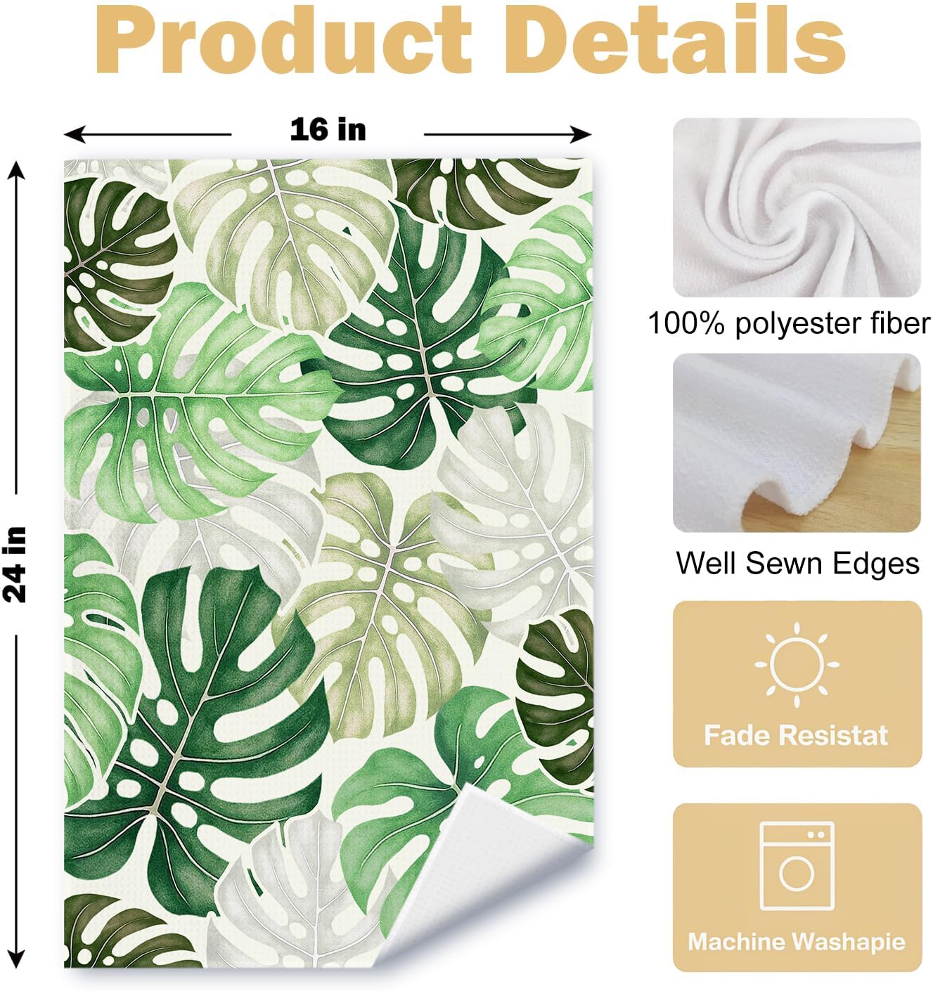 Tropical Leaf Printed Kitchen Towel 24x16 Inch — 100% Polyester, Quick Dry, Machine Washable, Fade Resistant Multi-Purpose Dish Towel/Hand Towel/Tea Towel for Kitchen & Home Decor