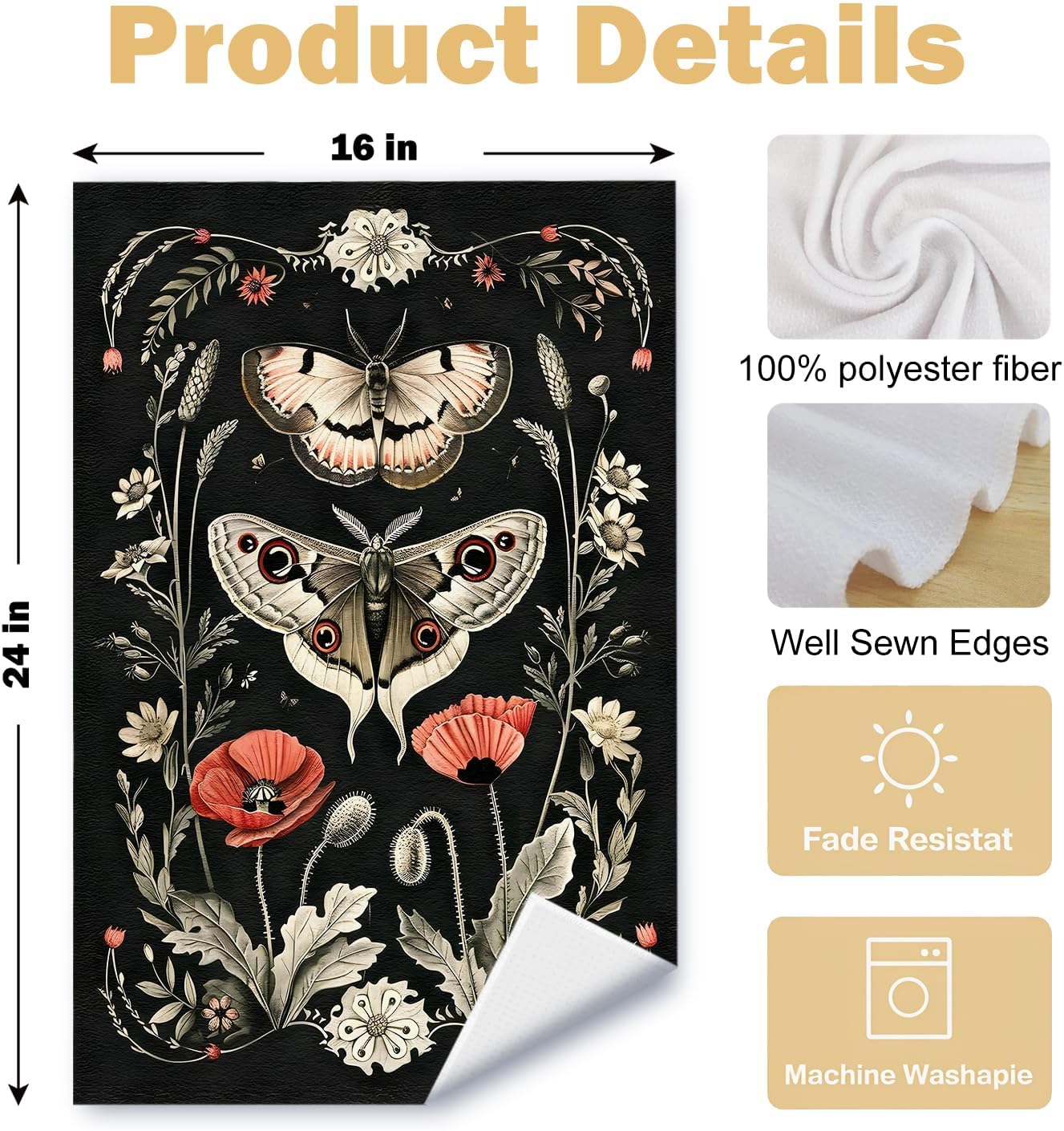 Vintage Butterfly & Floral Printed Kitchen Towel 24x16 Inch — 100% Polyester, Quick Dry, Fade Resistant, Machine Washable Multi-Purpose Dish Towel/Hand Towel/Tea Towel for Home Decor